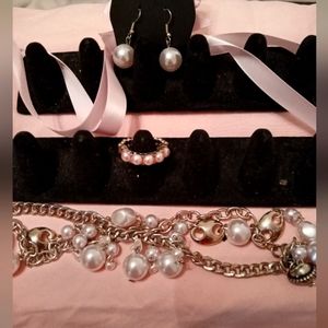 Paparazzi jewelry set pink and pearl set necklace earrings and ring